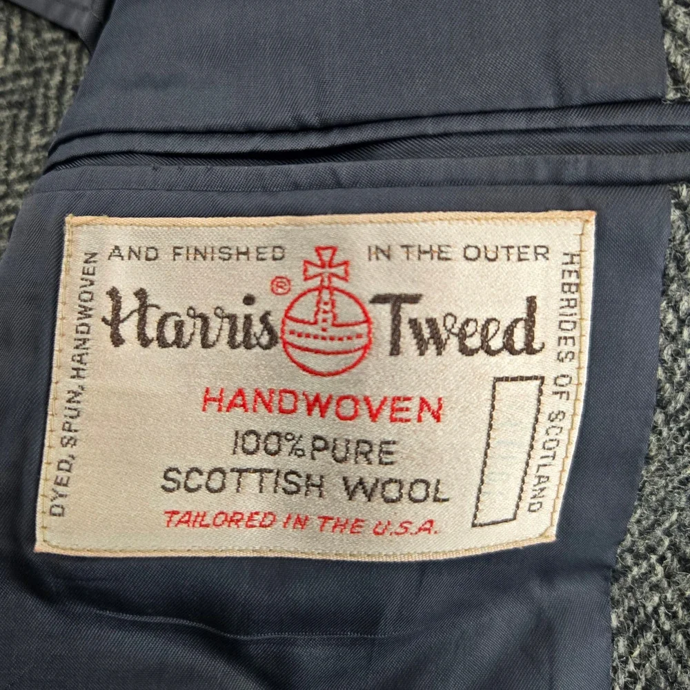 Vintage 50s Harris Tweed Wool Blazer Navy Gray Herringbone USA Made Size 42R